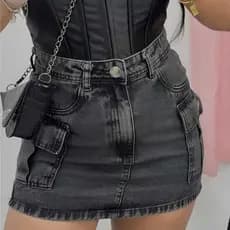 Saia Cargo Feminina Jeans Curta com Lycra e Bolsos nas Laterais Cintura Alta - Tamanhos 36 ao 44