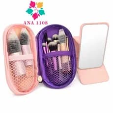 ANA 1108 Kit Mini Maquiagem 10 Pincéis + Espelho Dobrável Portátil Profissional (Cor Aleatória) Portátil-Rosa Glam