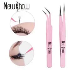 New Show Conjunto de pinças de precisão (Pinça curva + Pinça reta) para extensão de cílios-Rosa Glam