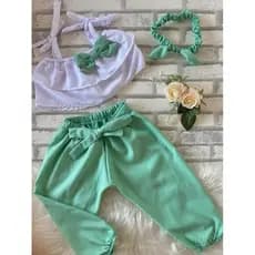 (1 a 2 anos) Conjunto Infantil 3 Peças - Blusa Babado com Lacinho, Calça e Tiara