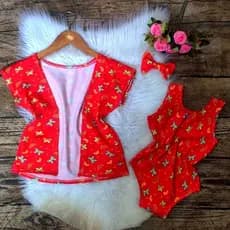 3 a 5 anos - Conjunto Body Maiô + Kimono + Laço Infantil para Menina