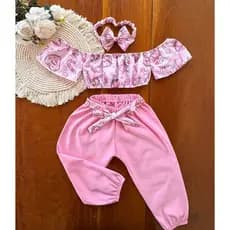 Conjunto Infantil Feminino - Calça + Cropped + Tiara (Tamanho Único - 1 a 2 anos)