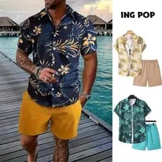 Conjunto masculino de duas peças estilo havaiano com camisa de manga curta estampada e shorts.