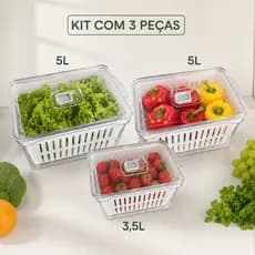 Kit 3 Organizadores de Geladeira – 2 de 5L + 1 de 3,5L em Acrílico com Vedação e Drenagem