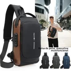 Bolsa de peito multifuncional com porta de carregamento USB e trava de senha, bolsa de ombro masculina, bolsa crossbody