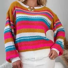 Blusa Feminina Estilosa Blusa Tricot Listrada Manga Longa Inverno Roupa Feminina Quente Colorida