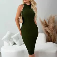 Vestido Feminino Midi Vestidos Tricot Tubinho Canelado Modal Roupa Feminina Elegante Sem Manga
