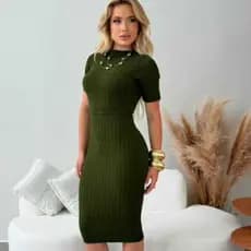 Vestido Feminino Midi Vestido Tricot Modal Tubinho Manga Curta Moda Evangélica Feminina Elegante