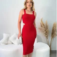 Vestido Feminino Midi Tricot Modal Abertura na Cintura Fenda Lateral Elegante Roupa Feminina Verão