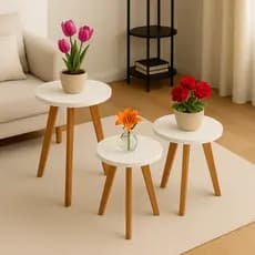 Kit Mesas de Apoio Redondas MDF com Pés Palito – 2/3Uni Mesa Lateral Decorativa Sala Cozinha Quarto