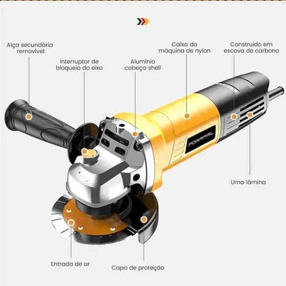Esmerilhadeira Angular 650W 11000rpm 110/220V - Motor Cobre + Acessórios | Amarela