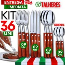 Kit Colher Garfo Facas e Colher Sobremesa Talher Aço inox Cabo Madeira Churrasco Buffet Utensílios