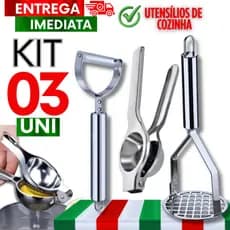 Kit Descascador Legumes Amassador Batatas e Espremedor de Limão Inox Utensílios Cozinha Praticidades