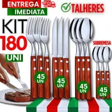 Conjunto Garfo Colher Facas e Colher Sobremesa Aço inox Cabo Madeira Talheres Cozinha Utilidades