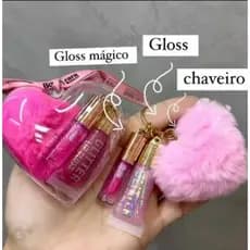 Brilho Labial Coração – Gloss Mágico com Chaveiro Pompom Formato Coração Fofo Bobbi Rara E Amor Anjo