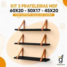 Kit 3 Prateleiras Mdf 60x20 - 50x17 -45x20 Com Suporte Alças de Couro