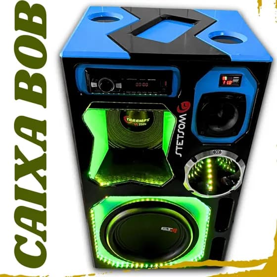 Caixa BOB Com Led com Alto Falante 12” e Médio de 10” Som Automotivo Rádio MP3 Bluetooth Modelo Forrado