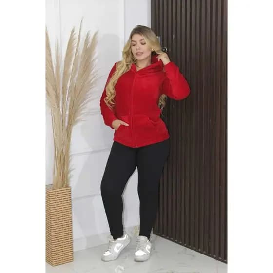blusa femenino liso basico com ziper bolso e capuz