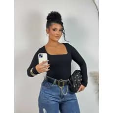 Blusa con decote quadrado manga longa en tecido Ribana Premium combina com tudo