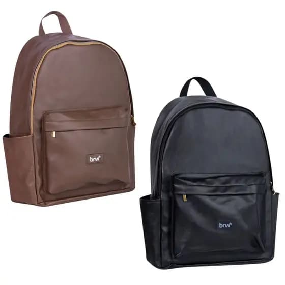 Mochila Unissex Couro PU Preta Ou Caramelo BRW Elegante Executiva Escolar Moderna Estilosa