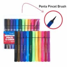 Canetinha Hidrográfica Brush 12 Cores Ponta Pincel Lettering Para Desenho Artístico e Escolar
