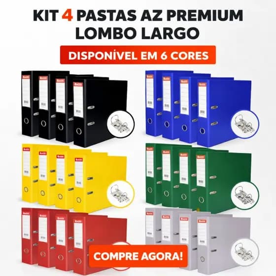 Kit 4 Pasta AZ Premium Classic Lombo Largo Chies Registrador Ofício Alta Resistência - 6 Cores