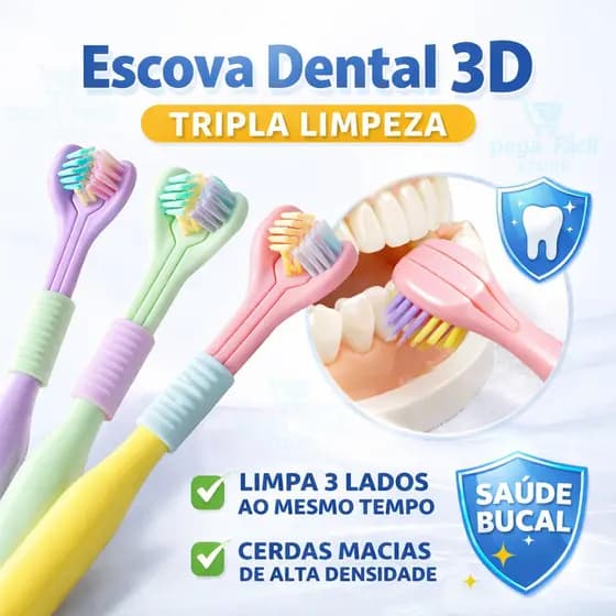 Escova Dental 3D 3 Lados Infantil, Cerdas Macias de Alta Densidade