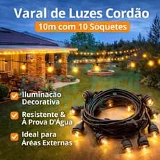 Varal de Luzes Cordão 10m 10 Soquetes para Decoração Jardim Varanda Festa