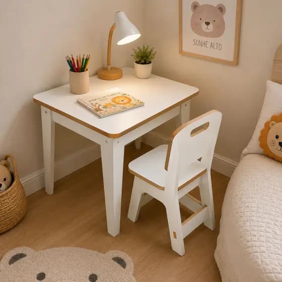 Conjunto Infantil Mesa E Cadeira Branca Montessori MDF