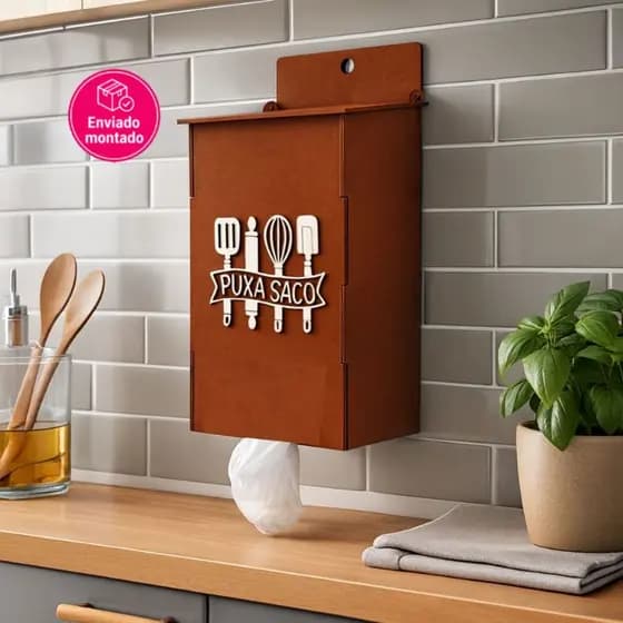 Puxa Saco Porta Sacolas Dispenser Organizador de Sacolas Plásticas Cozinha Parede MDF