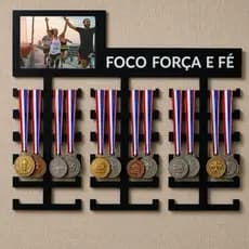 Porta Medalhas MDF Parede Foco Força e Fé Suporte Organizador Esportivo