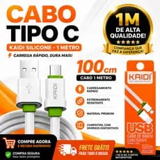 Cabo Usb Tipo C e Micro Usb V8 Kaidi 1 Metro Silicone Resistente Carregador Rápido Comp. Samsung