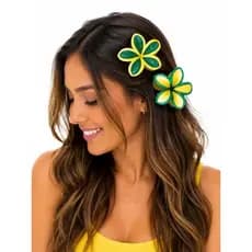 Kit 12 Presilha de Cabelo Flor com Garra Copa do Mundo Verde e Amarela