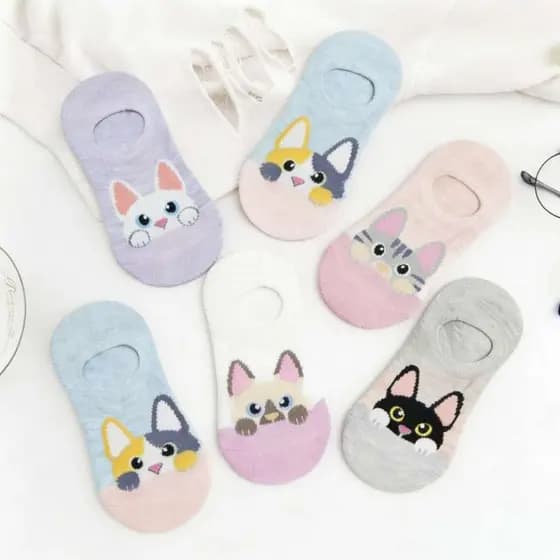 KIT 12 Pares Meias Feminina Invisível Estampada Bichinho Algodão Gatinho Sapatilha Conforto