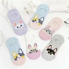 KIT 12 Pares Meias Feminina Invisível Estampada Bichinho Algodão Gatinho Sapatilha Conforto
