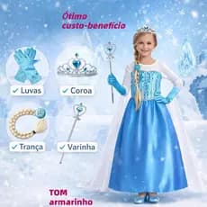 Fantasia Elsa Princesa Infantil Frozen Vestido Luxo Kit Completo com Vestido Coroa  Varinha  Luvas e Trança