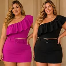 Conjunto Plus Size Feminino Blusa Ombro babado e Short Saia Curto para Festa Tam Único 46 ao 50