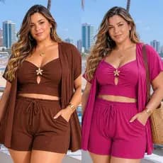 Conjuto Plus Size 3 Peças Feminino Cropped decotado Short e Quimono Tam Único 46 ao 52