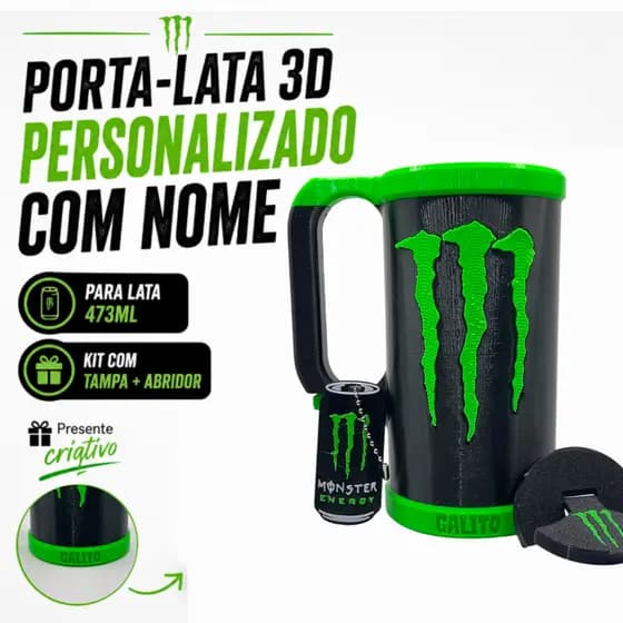 Porta Lata 473ml Personalizado Estilo Monster 3D + Tampa + Chaveiro Abridor Presente Premium