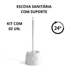 Kit com 02 Escovas Sanitárias com Suporte na Cor Branco Banheiro Limpeza Utilidades Domésticas