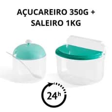 Kit Saleiro 1kg + Açucareiro 350g com Colher Base Transparente e Tampa Colorida Verde, Rosa ou Preta