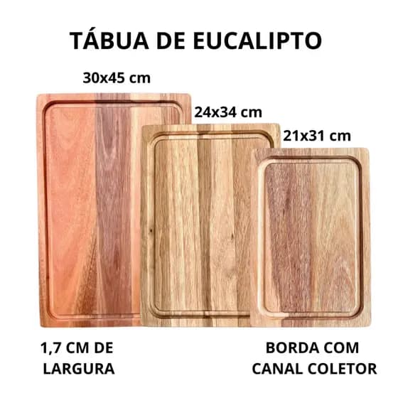 Tábua de Churrasco Corte de Carne Legumes Frutas em Madeira Eucalipto Grande Retangular