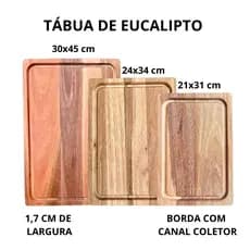 Tábua de Churrasco Corte de Carne Legumes Frutas em Madeira Eucalipto Grande Retangular