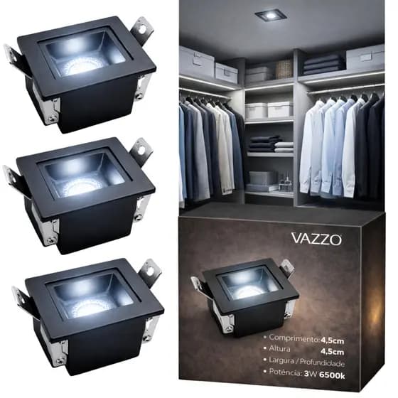 KIT 3 SPOT LED Embutir 4,5*4,5cm ALUMÍNIO 3W 6500k Pico Recuado Bivolt Vazzo