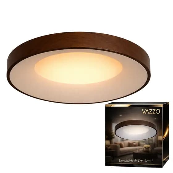 Lumirária Plafon Madeira 40w 50cm 3 em 1 Moderno Sala Quarto Suite Bivolt Vazzo