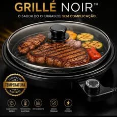 Grill Elétrico Redondo 220V com Termostato Ajustável Antiaderente Tampa de Vidro Churrasqueira Elétrica Preta.