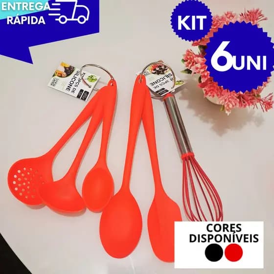 Kit Silicone 6 Utensilios 3 Mini Concha Colher Espatula 4  Peças 27 cm Espátula Colher Redonda Fuet Premium Forno
