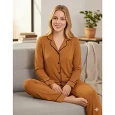 Pijama de Inverno com Gola Americano com Botões para Amamentação Manga Longa e Calça Mayara