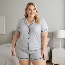 Pijama Americano Plus Size Blusa com Botões que Abrem e Short Brenda 50 52 54 56