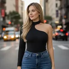Body Feminino Um Ombro Só Preto Manga Longa Antonella